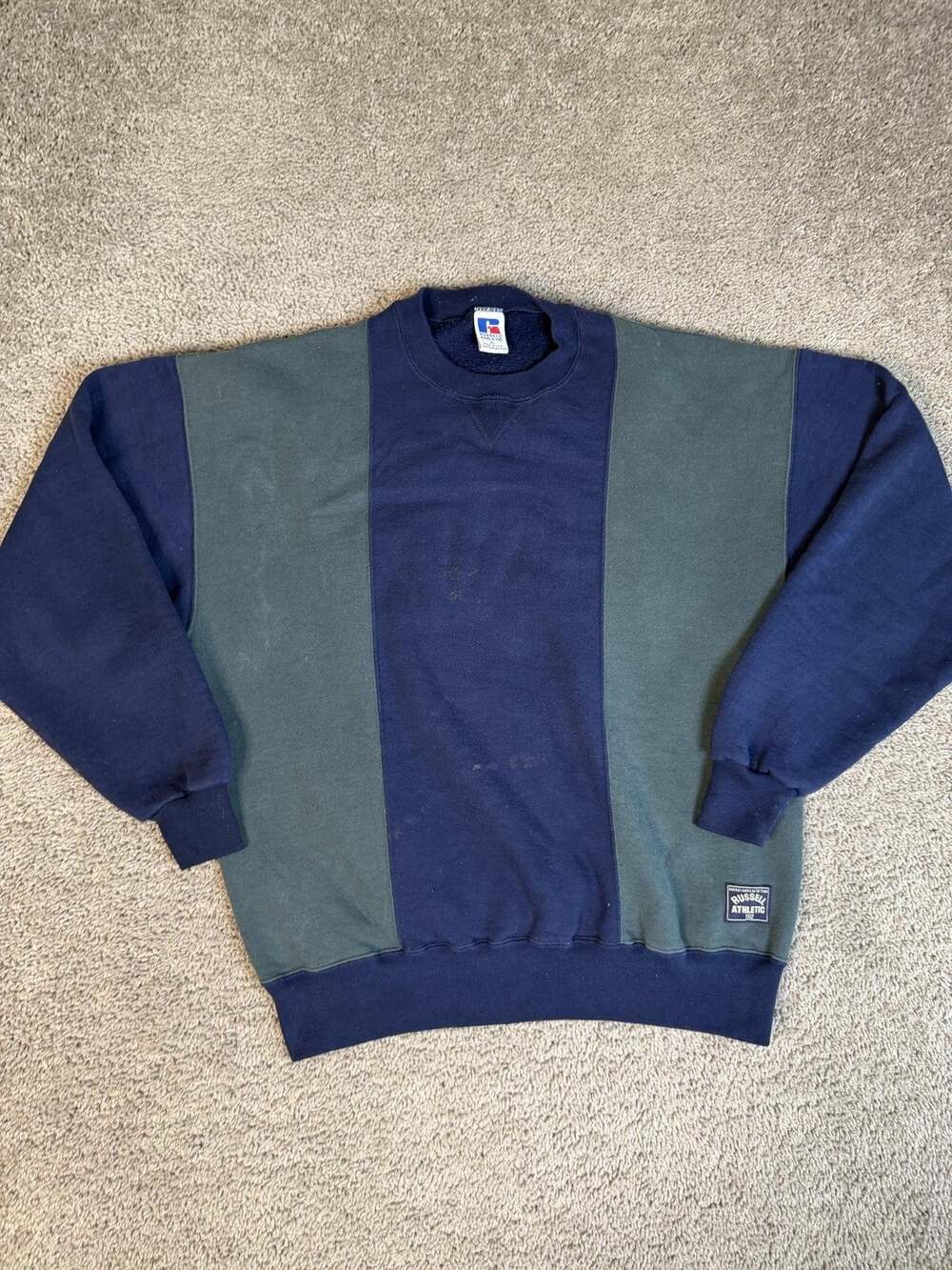 Vintage 90s Russell Athletic Sweatshirt Mens XL Blue Striped Pullover Logo